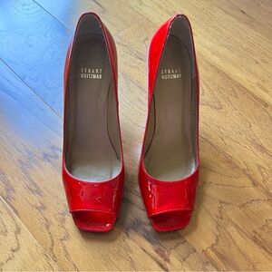 Stuart Weitzman Glossy Red Open Toe Heels